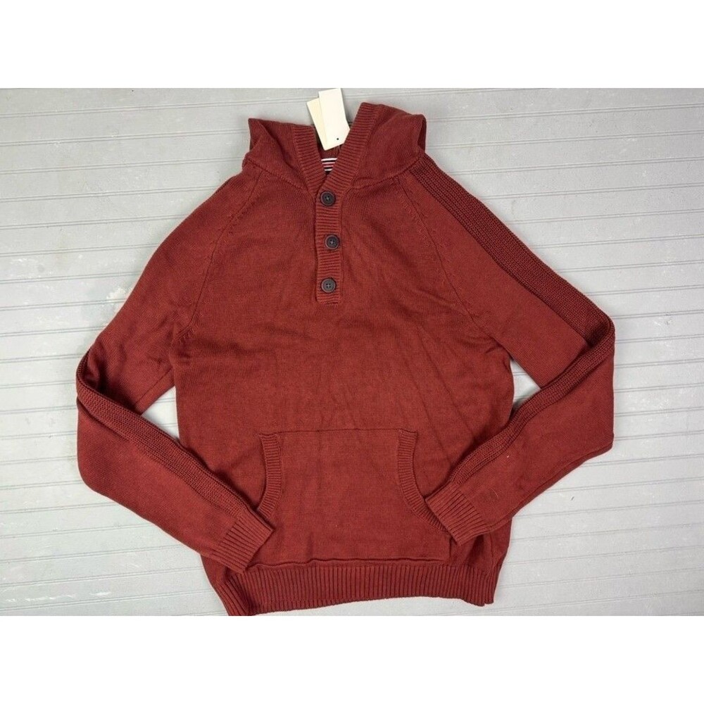 Flag & Anthem Mens Size M Sweater Hoodie Rust Pullover 1/4 Button Front Pocket